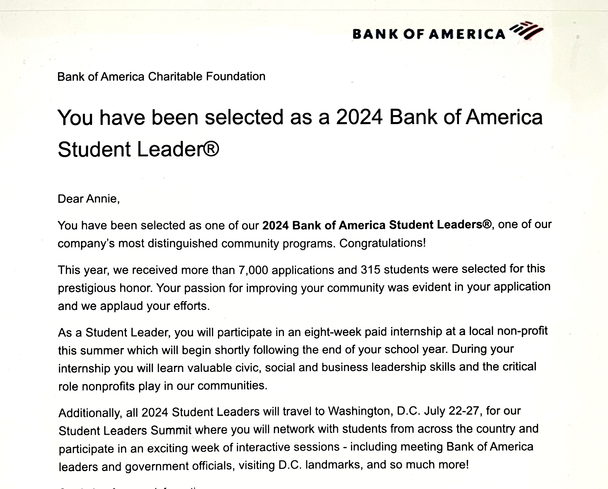 Acceptance Letter from BOA